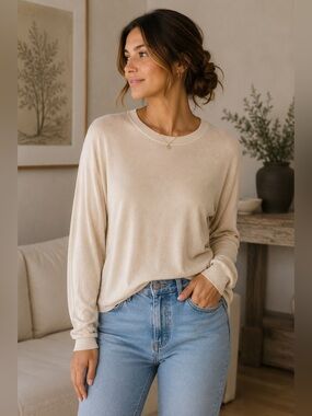 Yaya Neutral Minimalist Cotton Cream Crew Neck Sweater Size S Knit Reversible